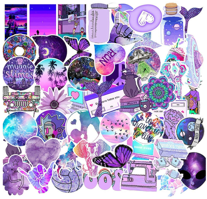 Ensemble d'autocollants de couleurs mauve représentant des coeurs, des beignes, des papillons, des planètes, etc.