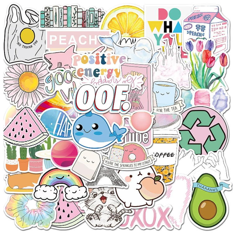 Ensemble d'autocollants dans les teintes de pastel représentant des baleines, des tulipes, des citations, des melons d'eau, des cactus, des tasses, des chats, etc.