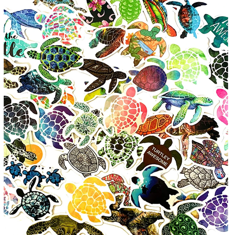 Ensemble d'autocollants représentant des tortues dans différentes formes et de différentes couleurs