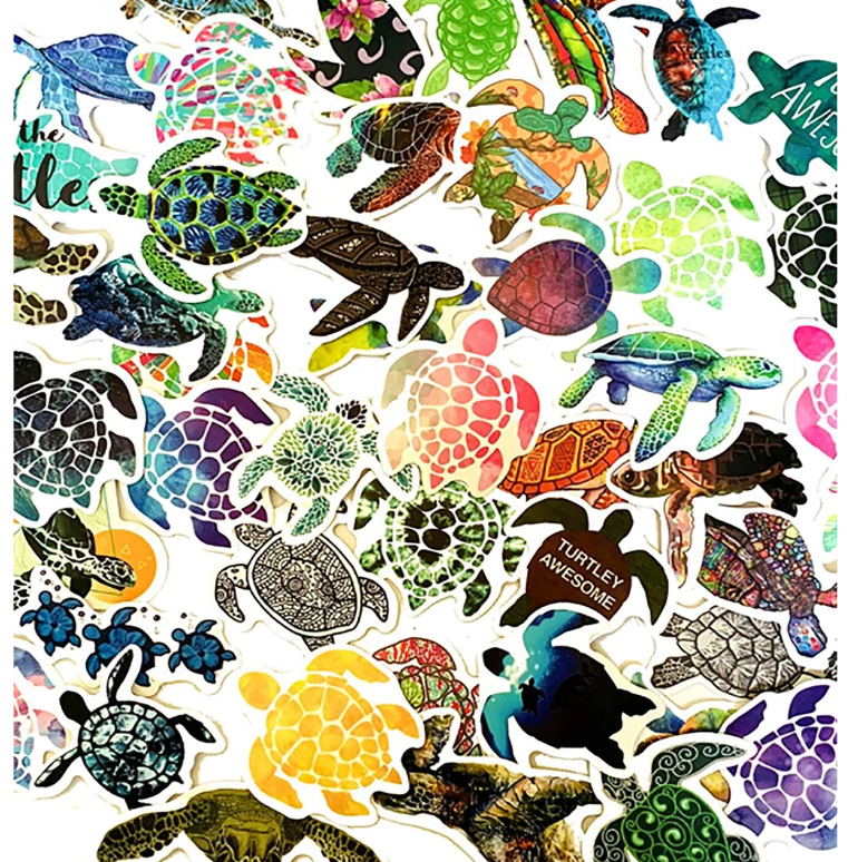 Ensemble d'autocollants représentant des tortues dans différentes formes et de différentes couleurs 